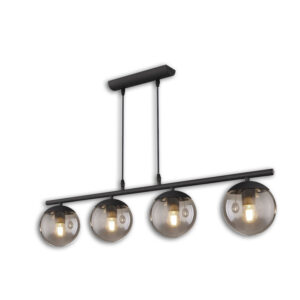 Luminaire suspendu métal noir, ronde, verre fumé,  4xE27 douille, sans ampoules